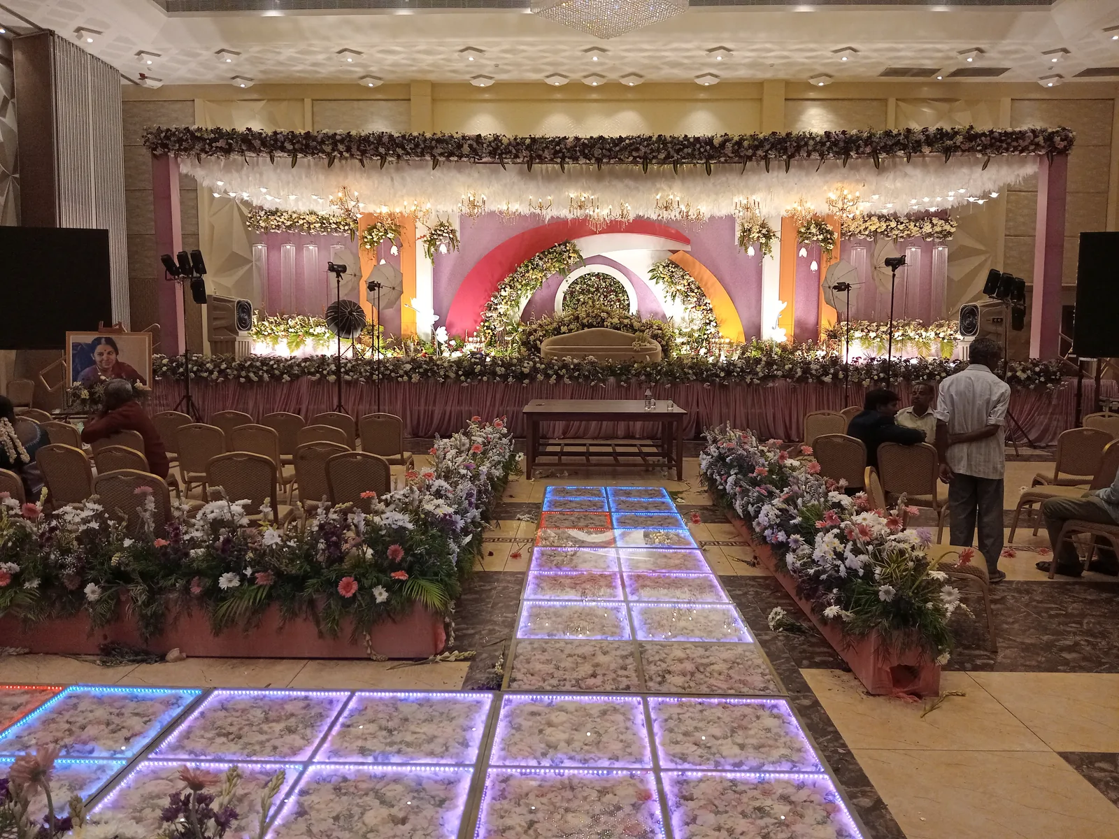 Floral reception stage décor at Suganya Convention Centre, Pondicherry